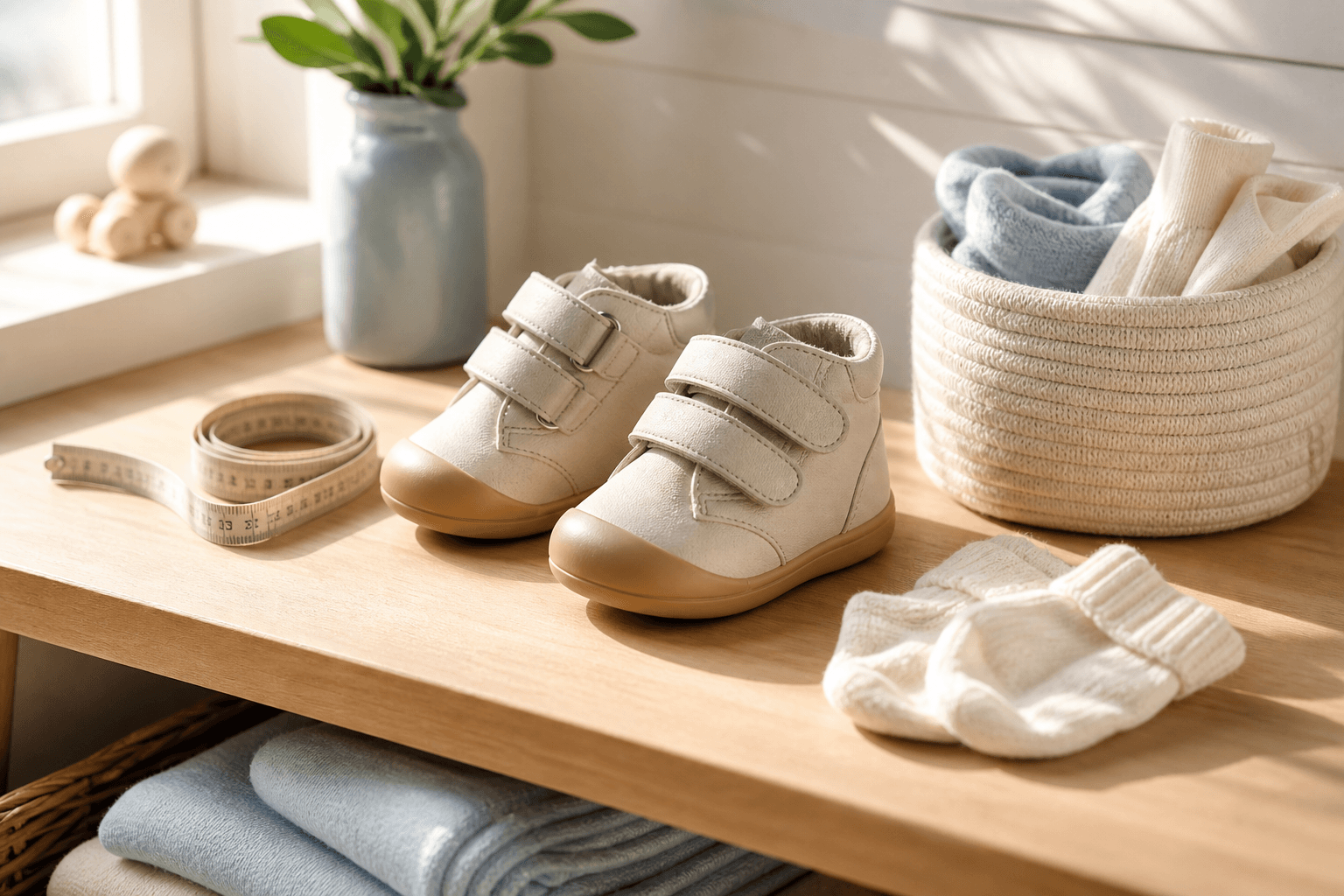 First-walker baby shoes with socks and a measuring tape on a light wood bench