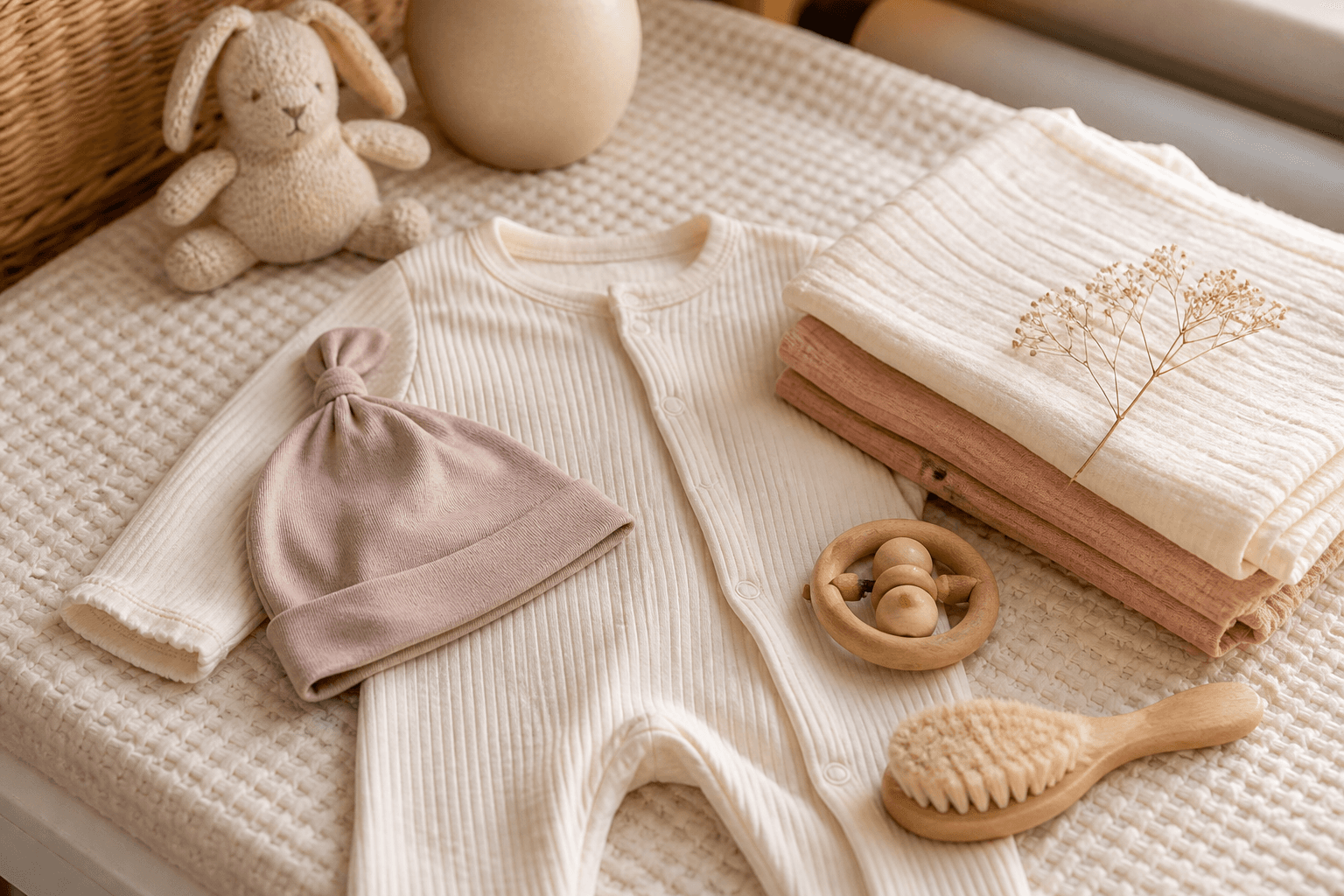 Newborn clothing, blanket, hat, brush and rattle arranged on a soft nursery blanket