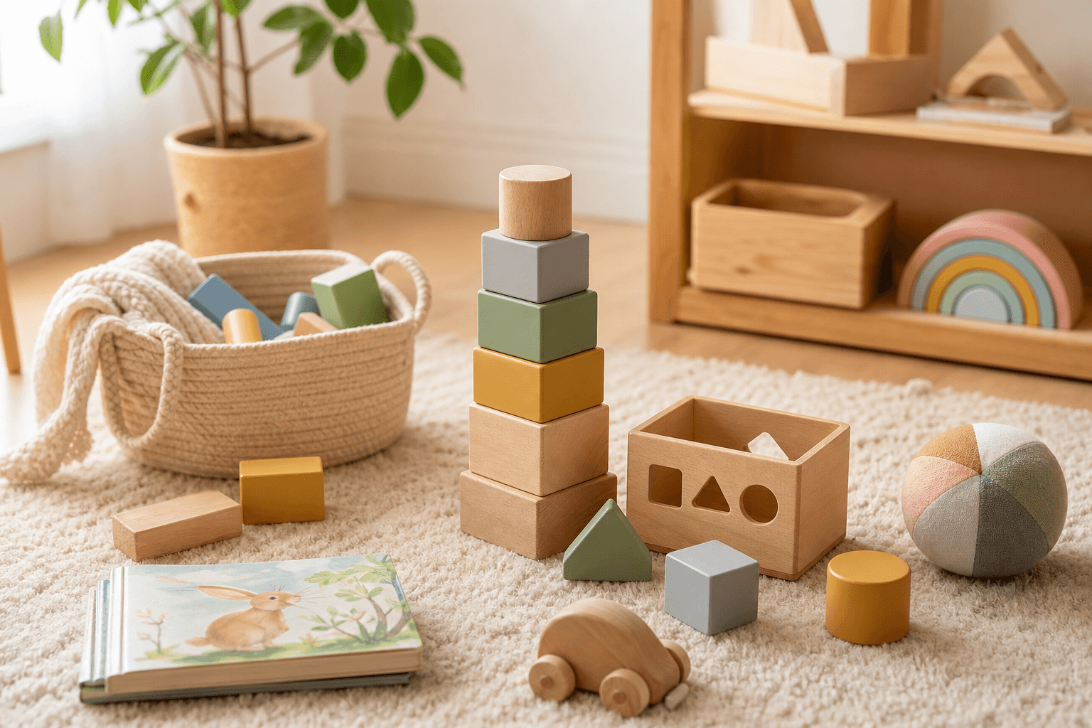 Wooden blocks, shape sorter, board books and soft play toys in a bright play corner